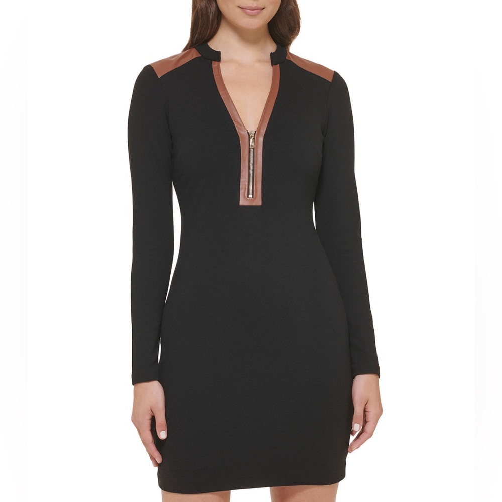 Women's Ponte-Knit Zip-Front Faux-Leather-Trim Dress size 14